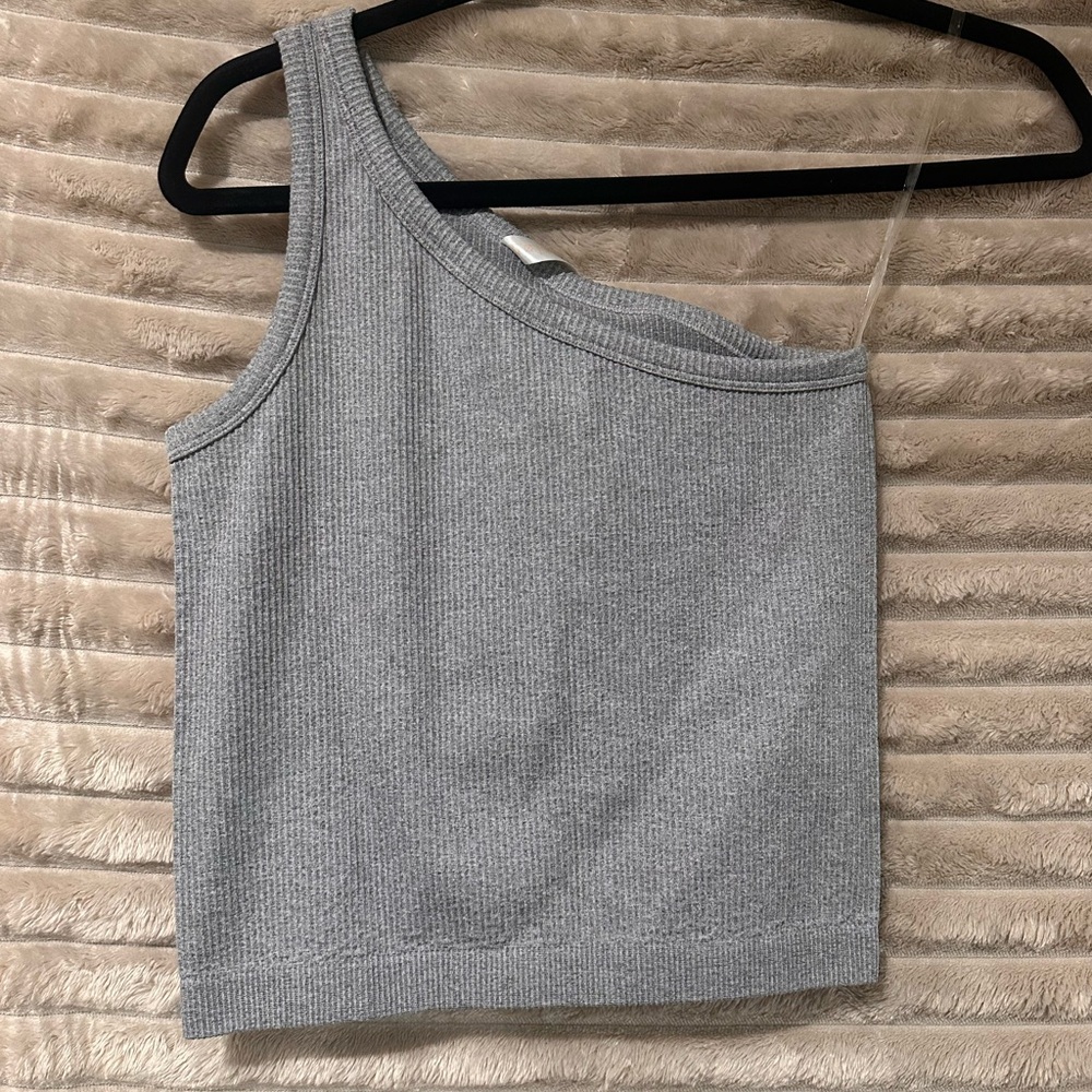 Asymmetrical One-Shoulder Ribbed Tank Top - Gray